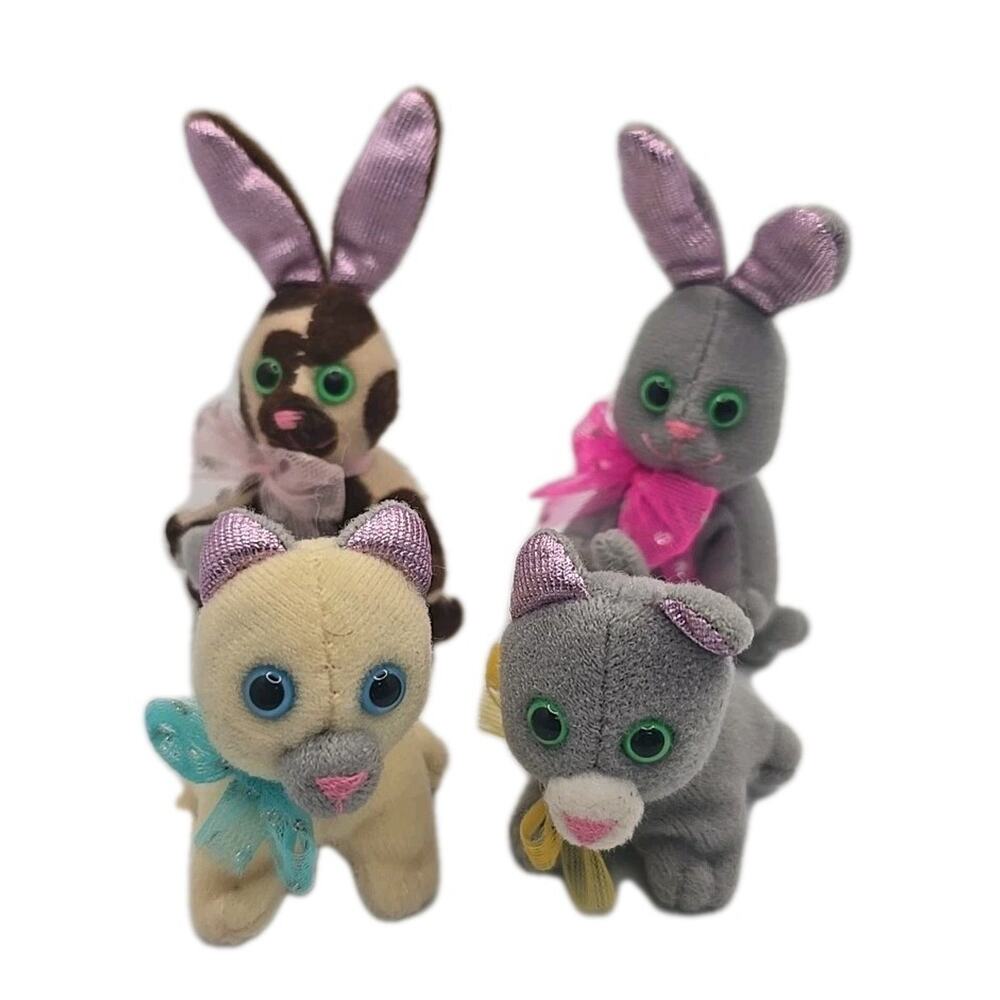 1995‎ Tiny Tag-alongs 2 Cat Kitty 2 Bunnies Plush Lot Of 4 BB28